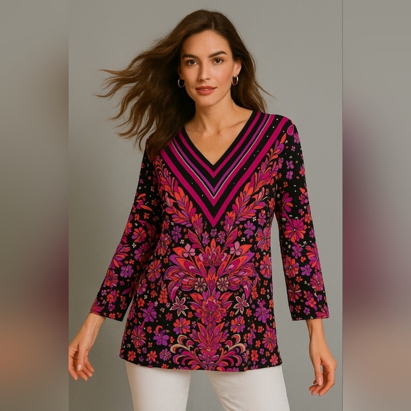 Bob Mackie Tops - Bob Mackie Wearable Art Women’s 1X V-Neck Top Multicolor Abstract Floral Print